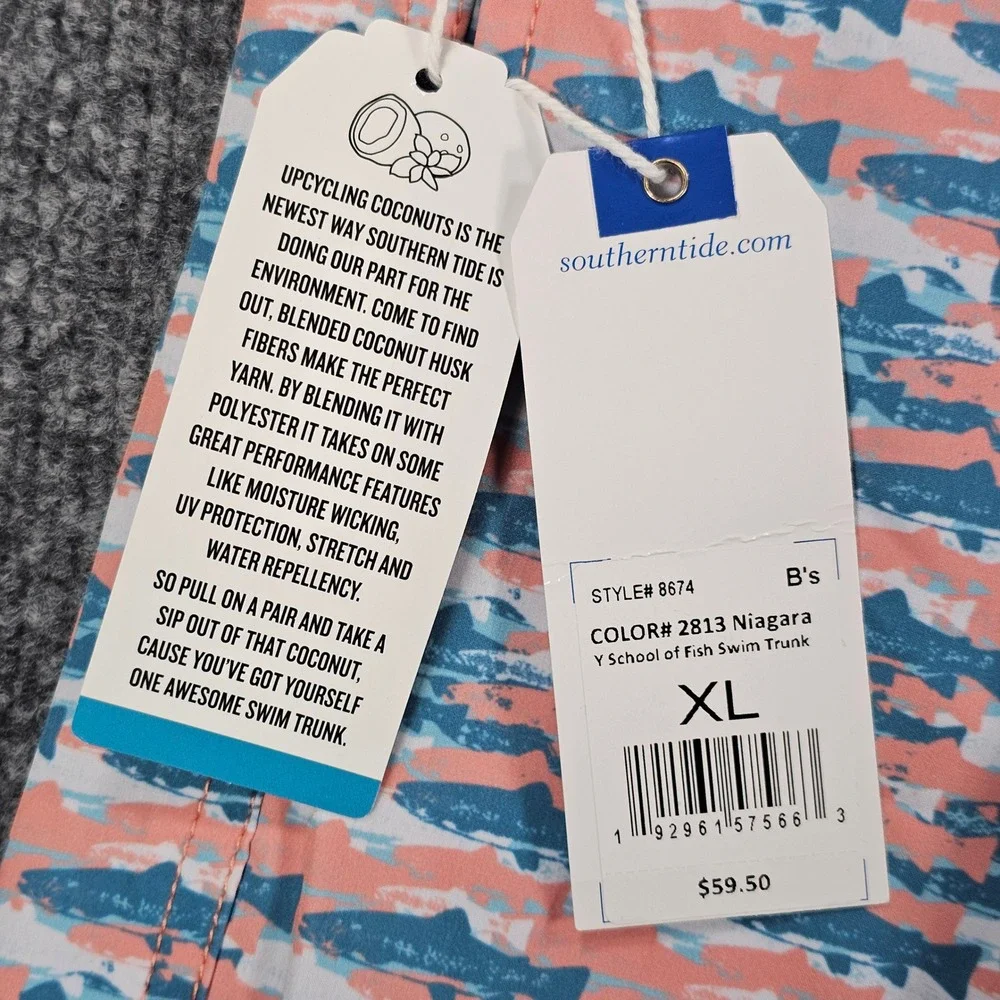 Southern Tide Fish Print Swim Trunks Size XL Niagara Blue Pink Board Shorts New